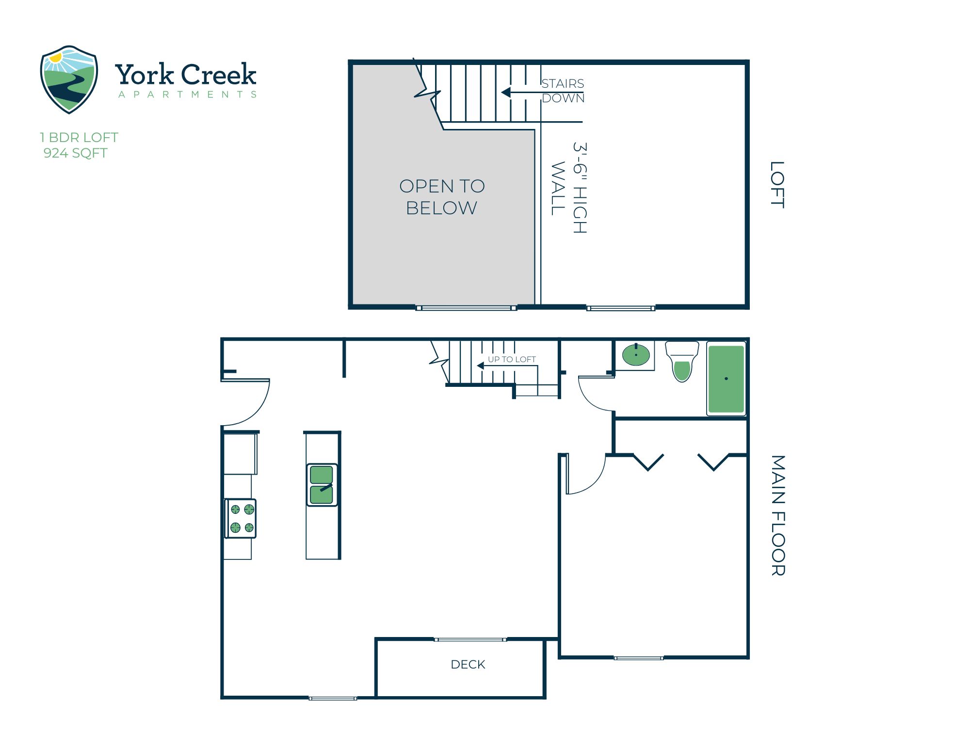 Floor plan for 1 bed, 1 bath, 924 sqft